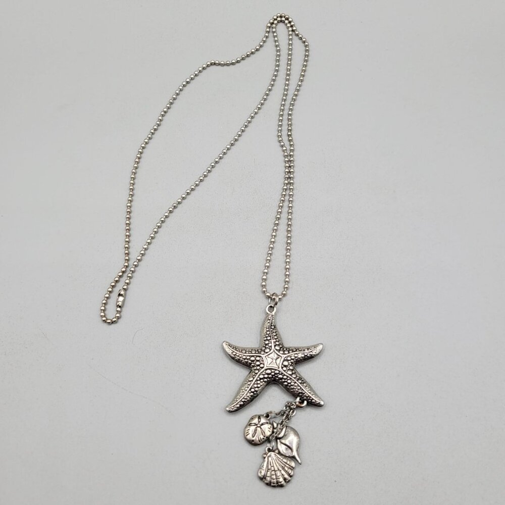 Starfish Pendant Necklace Dangling Seashell Charms Ball Chain Silver Tone